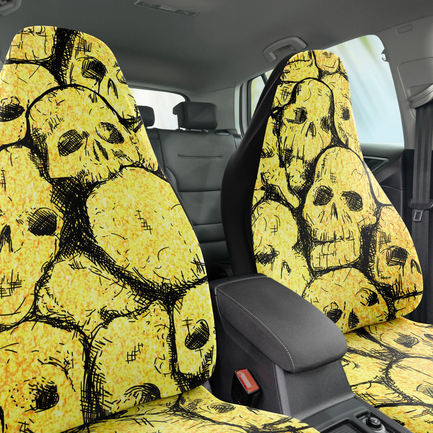 Dark Khaki Yellow Hand Drawn Skulls Goth | Car Seat Covers