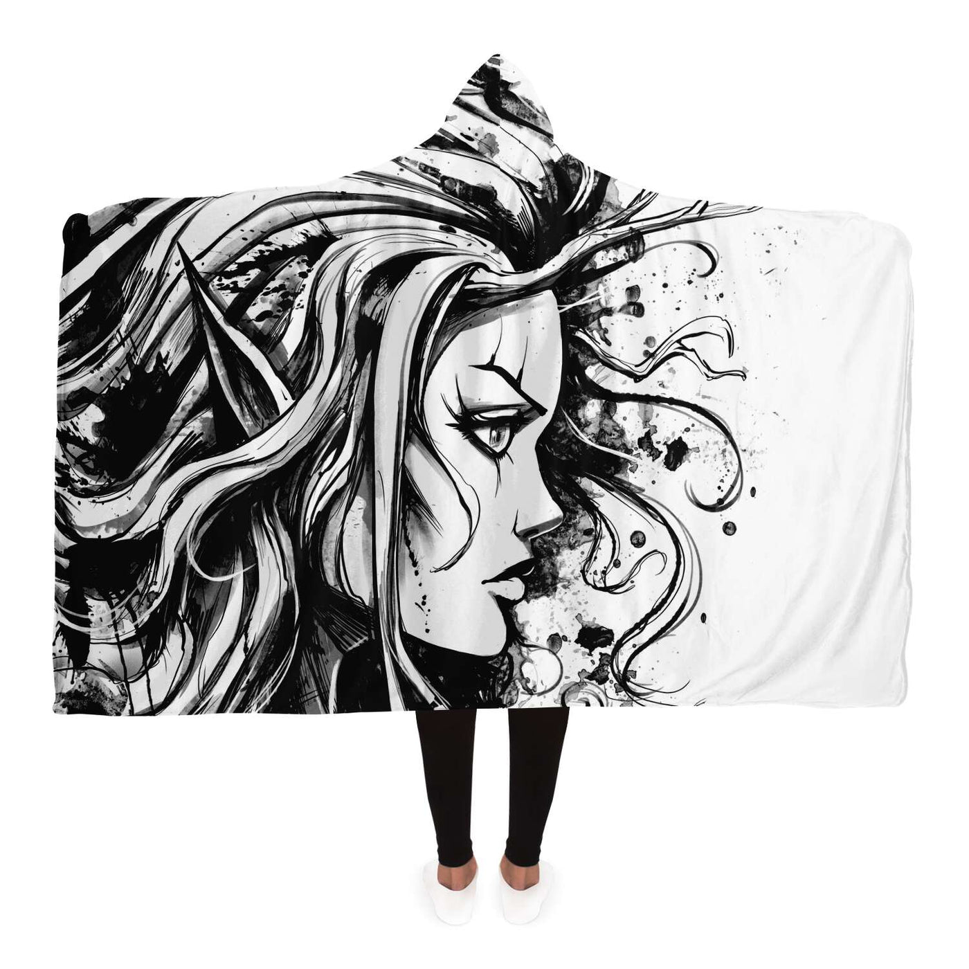 Light Gray Black & White Elf Rave Clothing | Hooded Blanket
