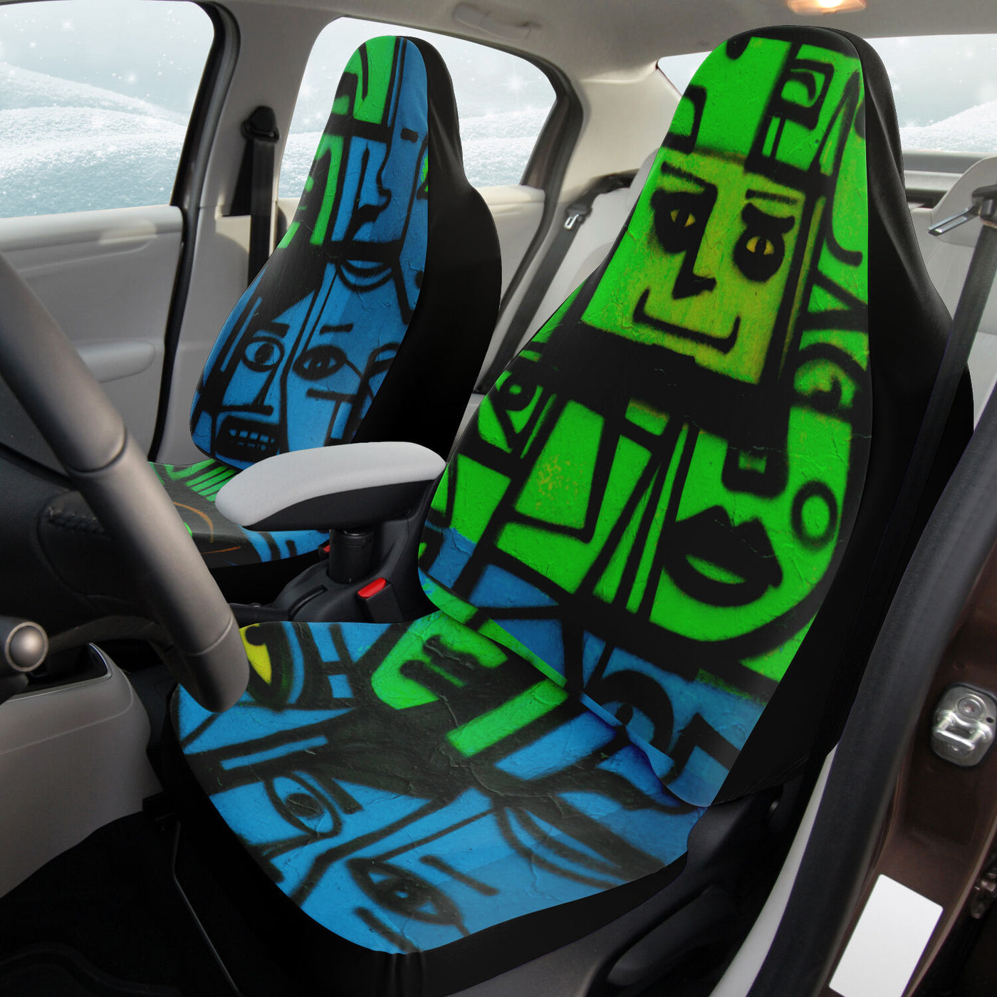 Black Green & Blue Pop Art Faces | Car Seat Covers