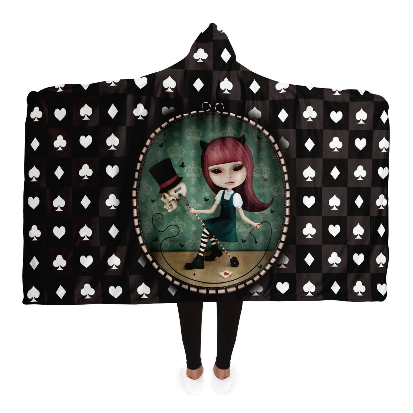 Black Evil Alice Riding A Human Skeleton Head On A Stick | Hooded Blanket