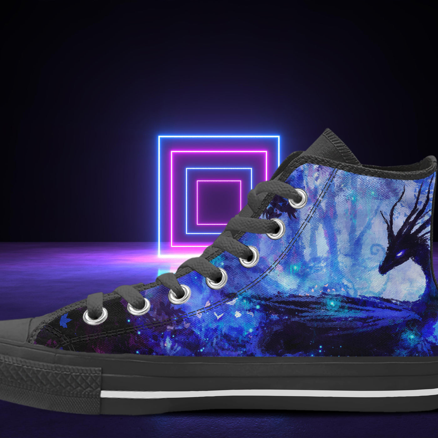 Black Fantasy Dragon In A Blue Forest Anime Art | Men’s Classic High Top Canvas Shoes