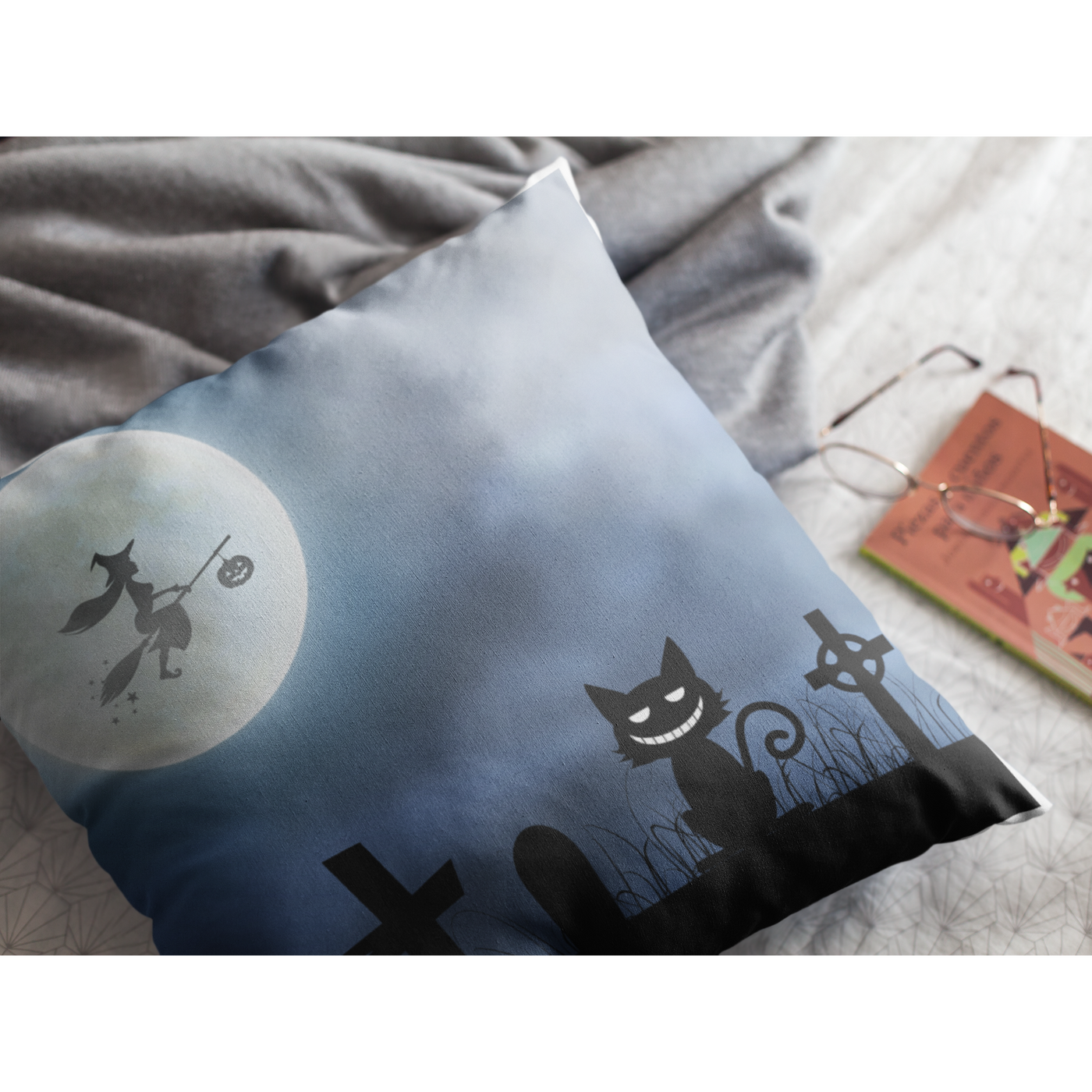 Light Slate Gray Witches Familiar Sitting In The Graveyard | Pillow Cover