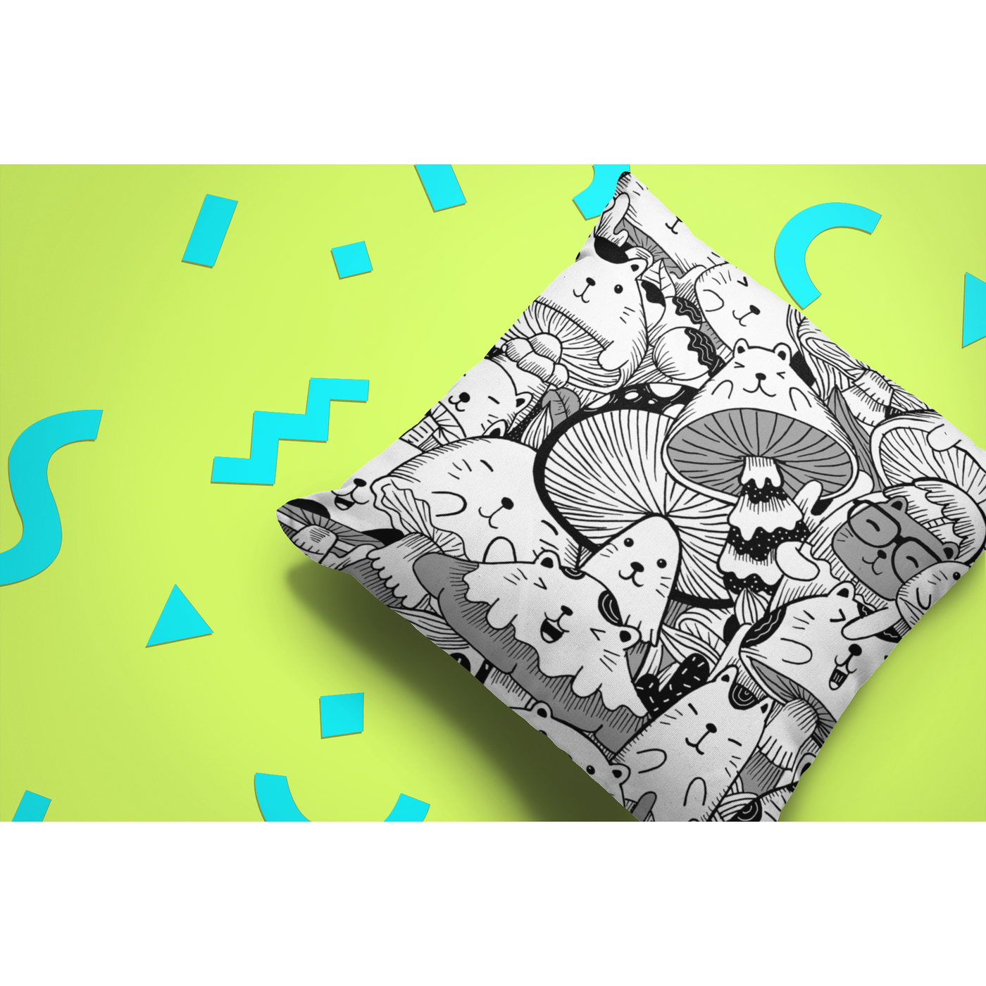 Dark Khaki Cute Kawaii Cat Mushroom | Pillow Cover