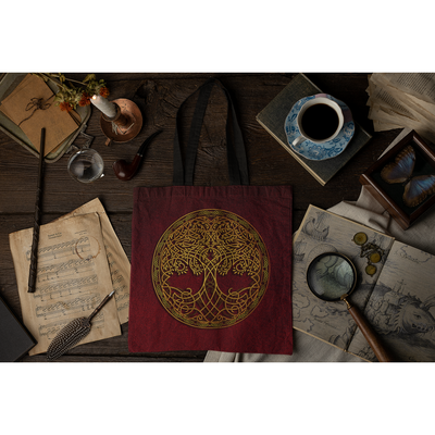 Black Celtic Knot Tree Of Life Gold On Red | Tote Bag