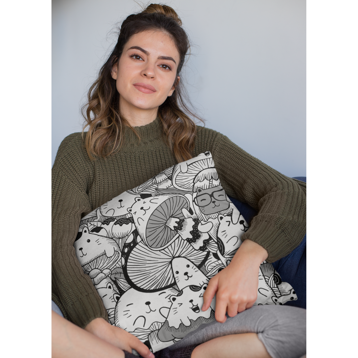 Gray Cute Kawaii Cat Mushroom | Pillow Cover