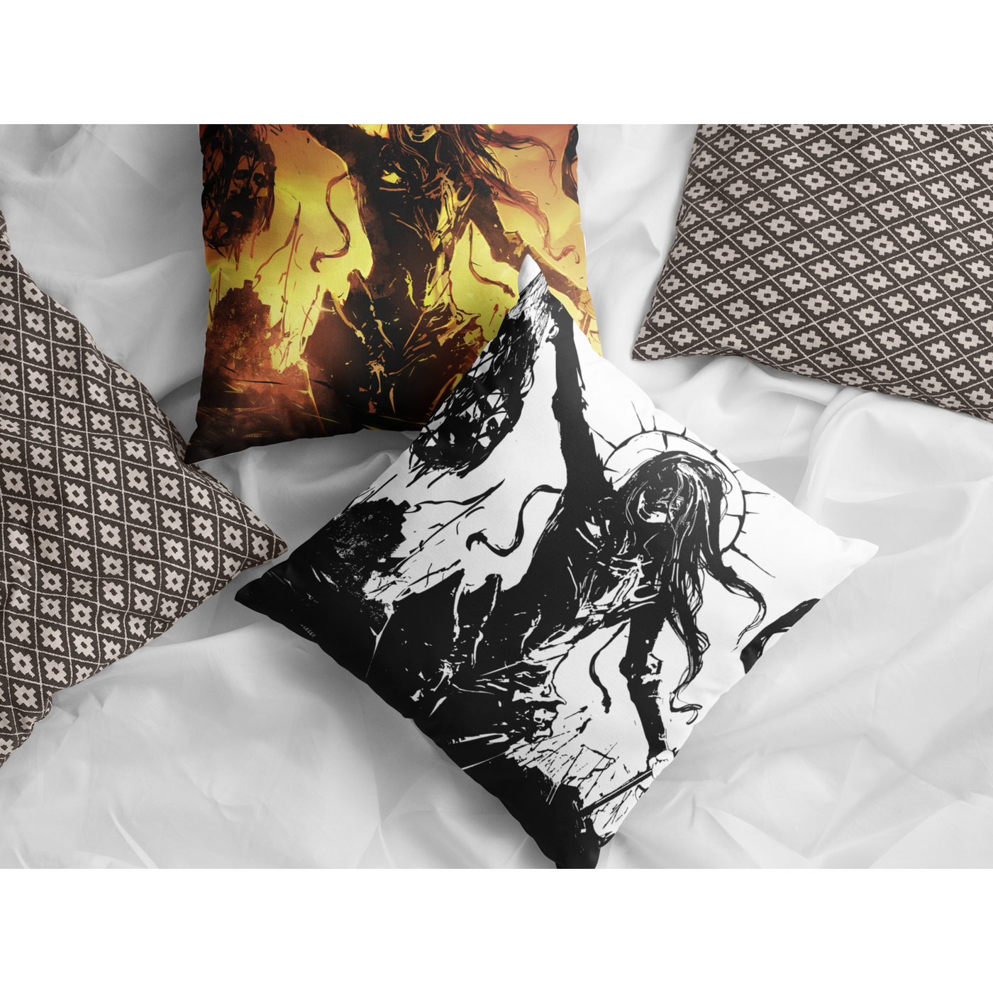 Dark Slate Gray Head Huntress Dark Anime Art White & Gold | Pillow Cases