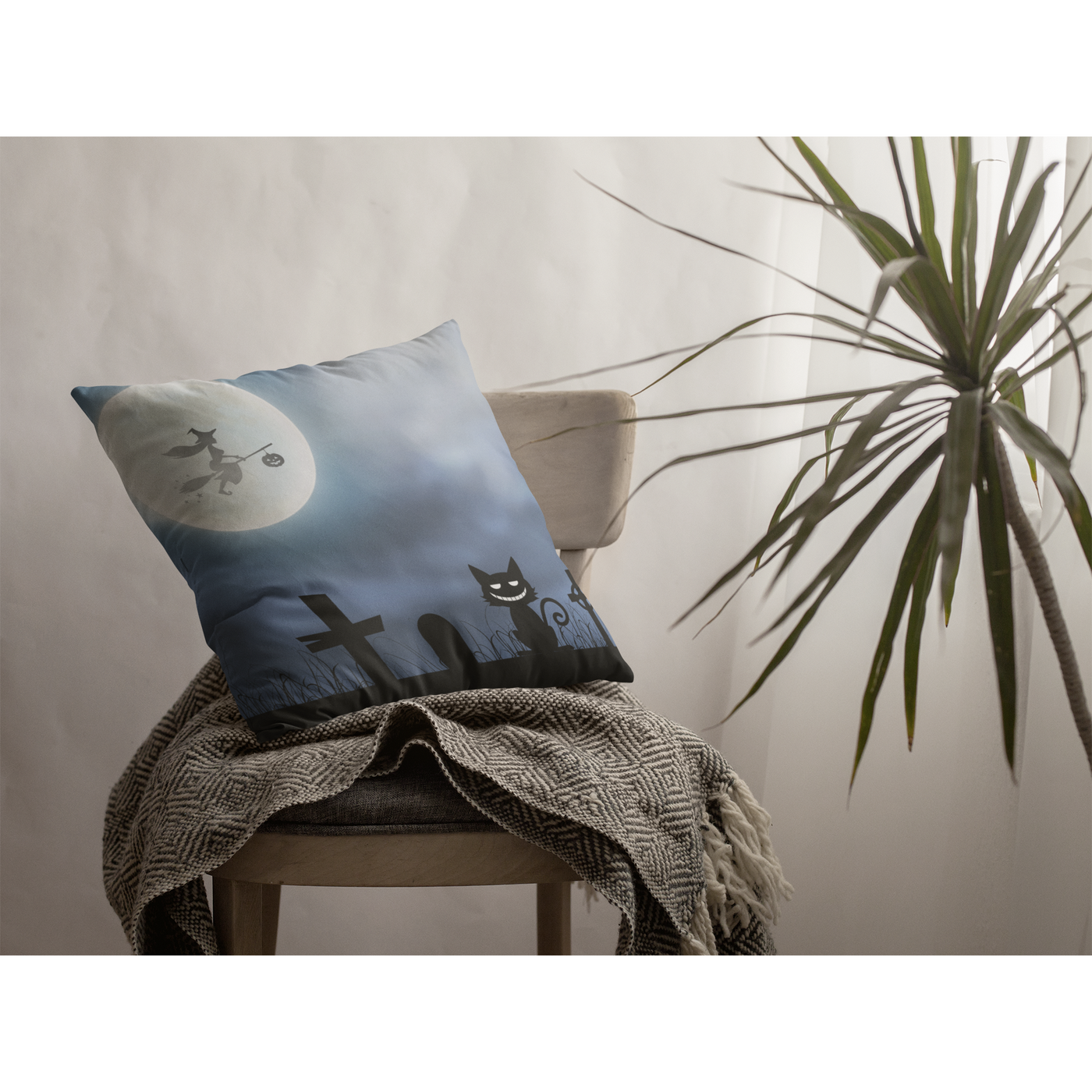 Dark Gray Witches Familiar Sitting In The Graveyard | Pillow Cover