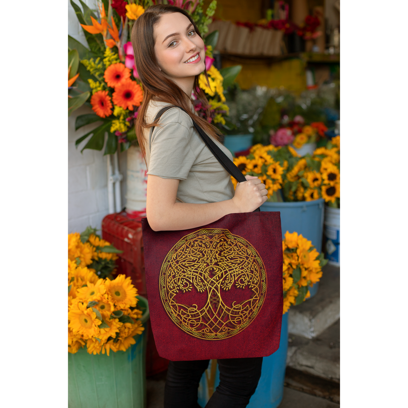 Dark Slate Gray Celtic Knot Tree Of Life Gold On Red | Tote Bag