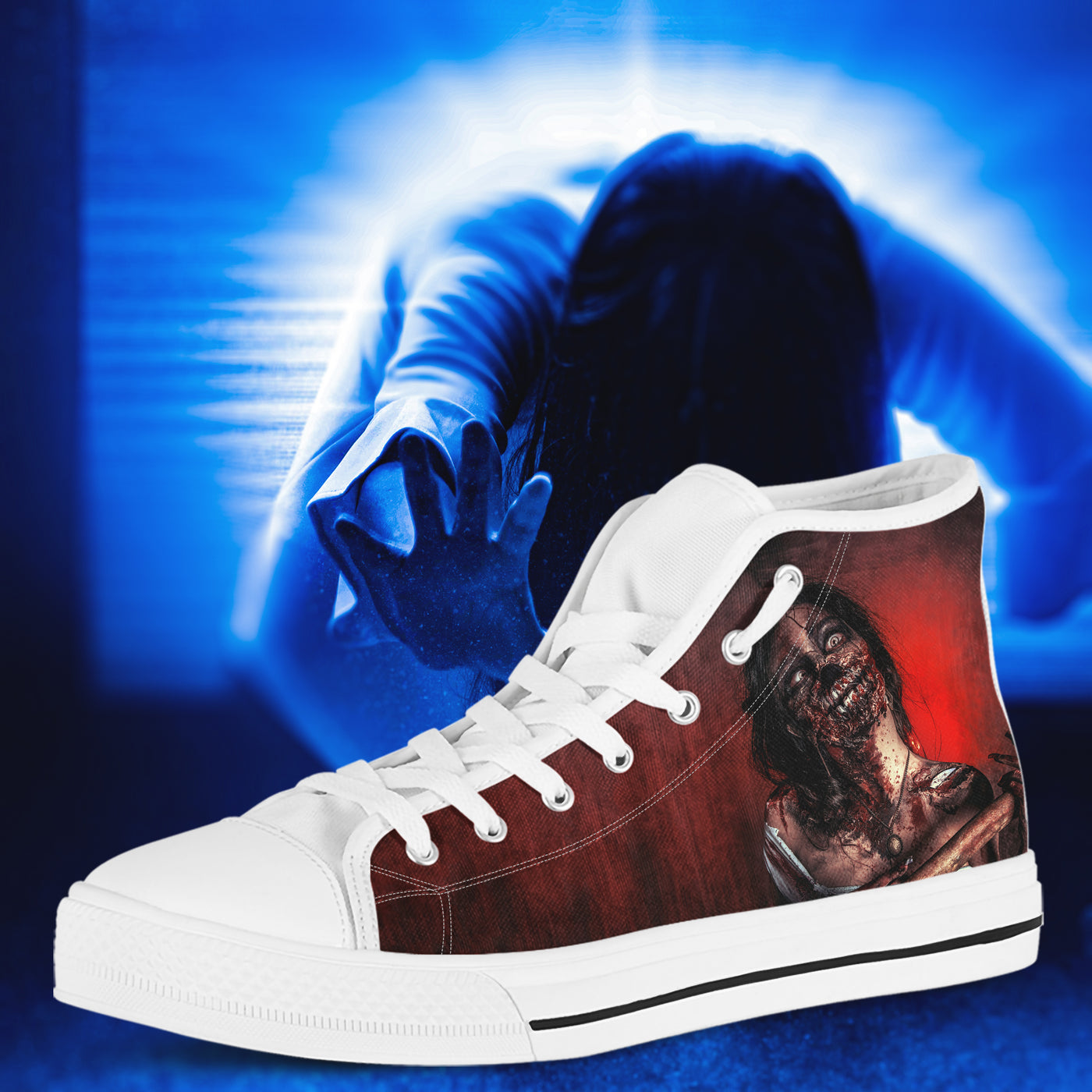Midnight Blue Horrorcore Menacing Zombie With An Ax | Women's Classic High Top Canvas Shoes