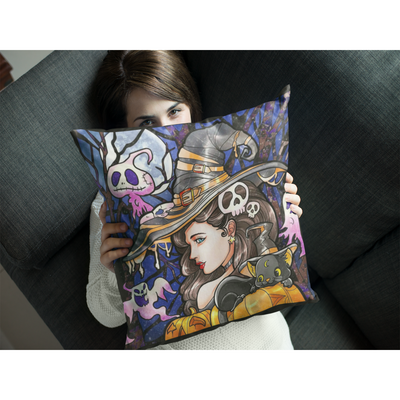 Dark Slate Gray Cute Gothic Witch | Pillow Case